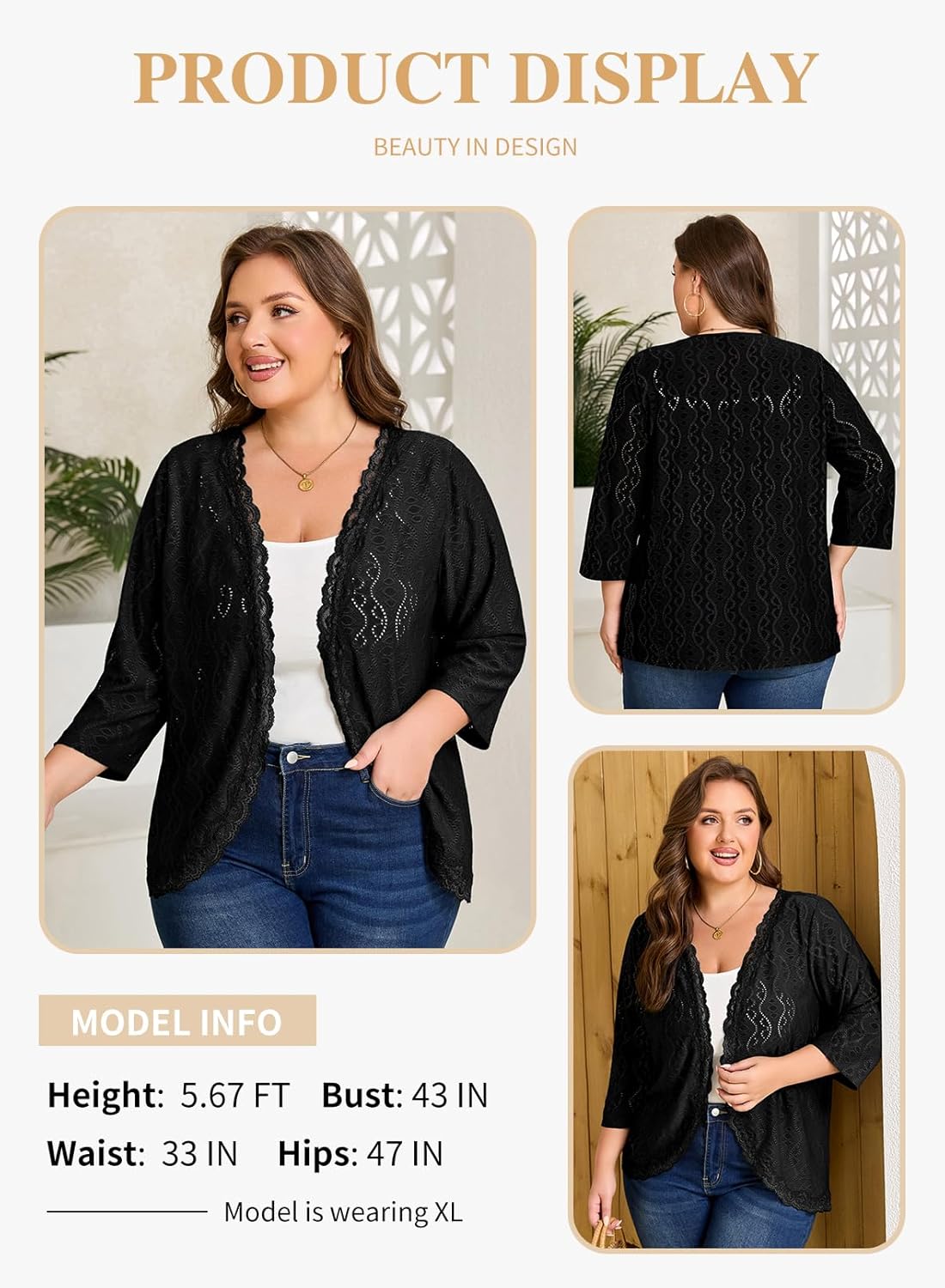 Eytino Plus Size Cardigan for Women Summer Casual Loose Half Sleeve Knit Jacquard Fashion Lace Open Front Tops(1X-5X) - Image 3