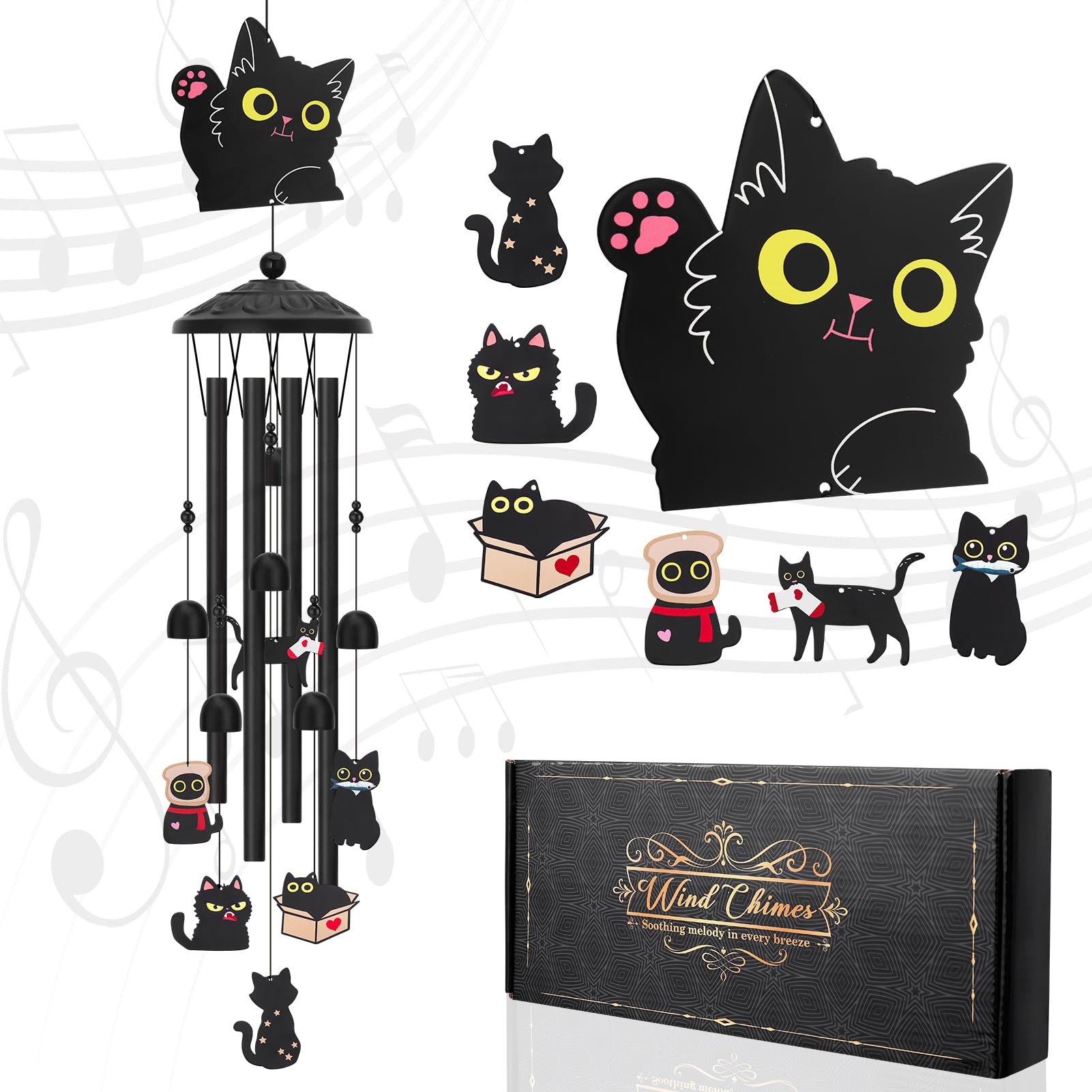 Meng Jiaran Black Cat Wind Chimes for Outside Metal Windchimes for Cats Lovers, 35 Inch Wind Chime Garden Decor for Cat Memorial, Birthday Gifts for Patio, Porch,Yard Decor