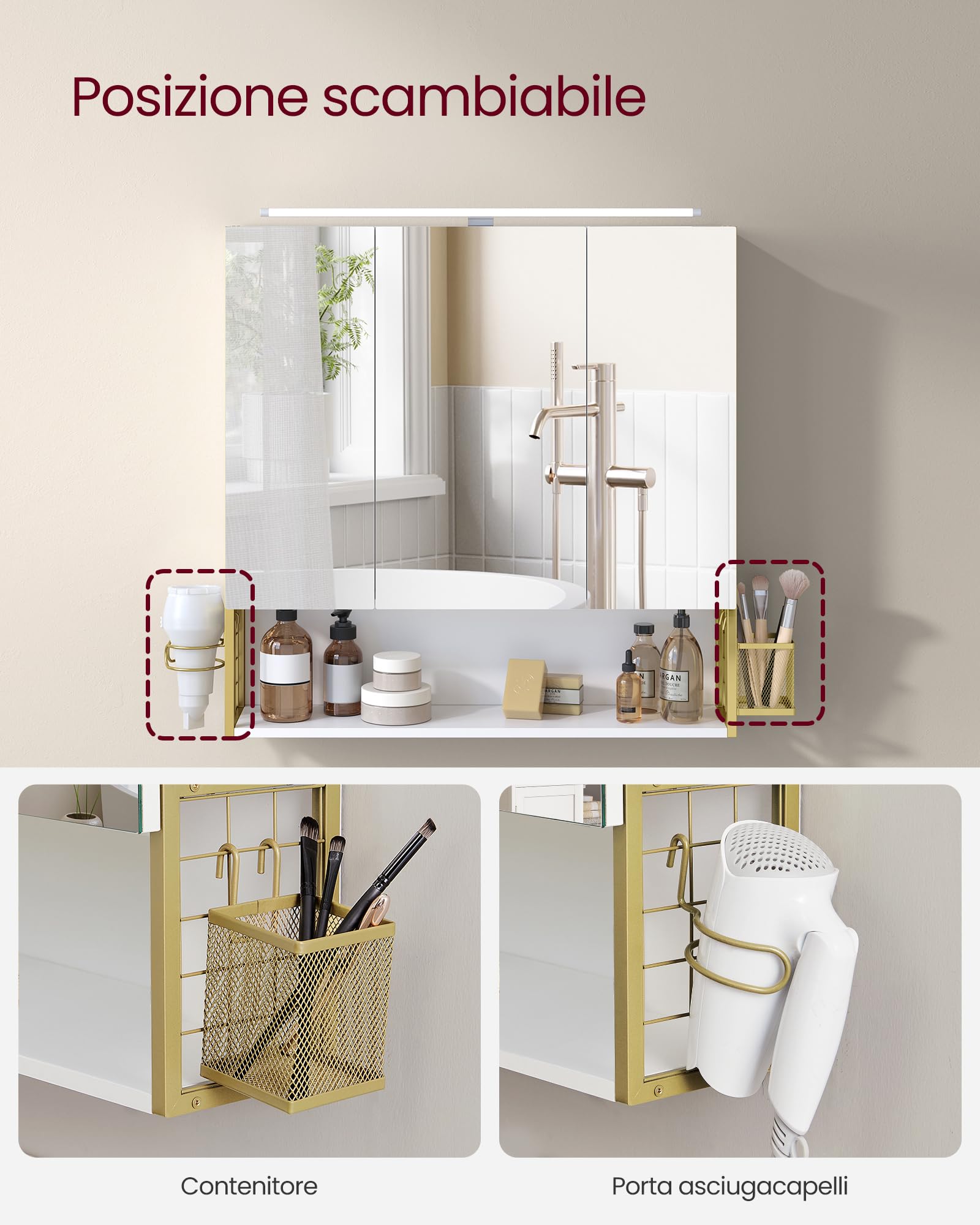 VASAGLE Armadietto da Bagno con Specchio e 3 Ante, Mobile a Parete, Cestino, Porta Asciugacapelli, Capiente, Mobiletto Bagno da Muro, Bianco Nuvola e Oro Verde Chiaro BBK124A10