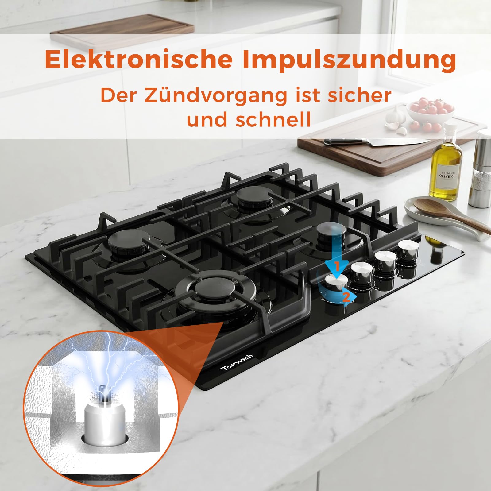 Topwish Gaskochfeld 4 flammig, Gaskochfeld mit blaue beleuchteter drehknopf | Gaskochfeld einbau 60cm, Gasfeld 4 flammig, NG/LPG konvertierbar, flammabriss Schutz, Zündautomatik, 8000 Watt
