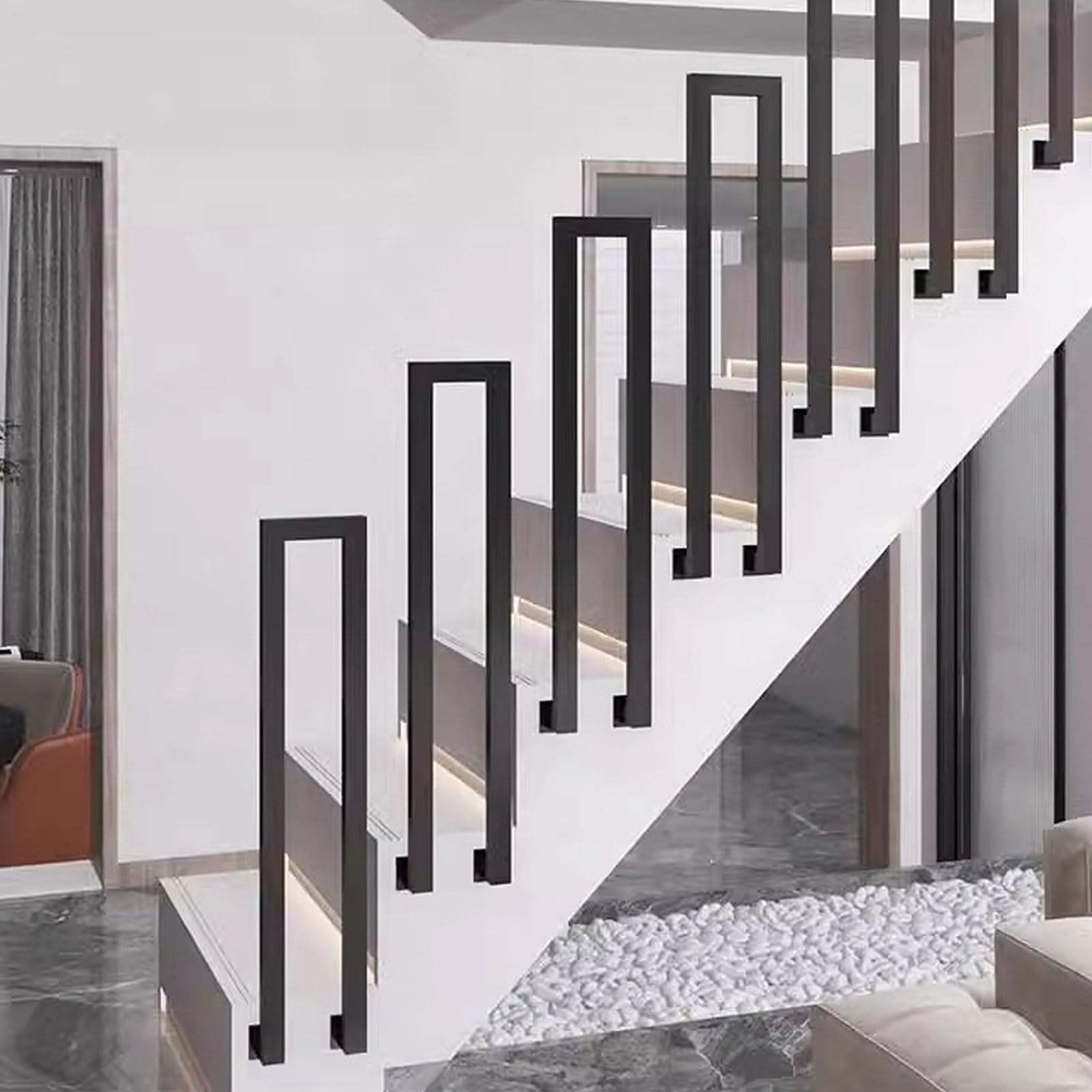 Rambarde murale carrée en métal noir mat style industriel pour escalier intérieur et extérieur