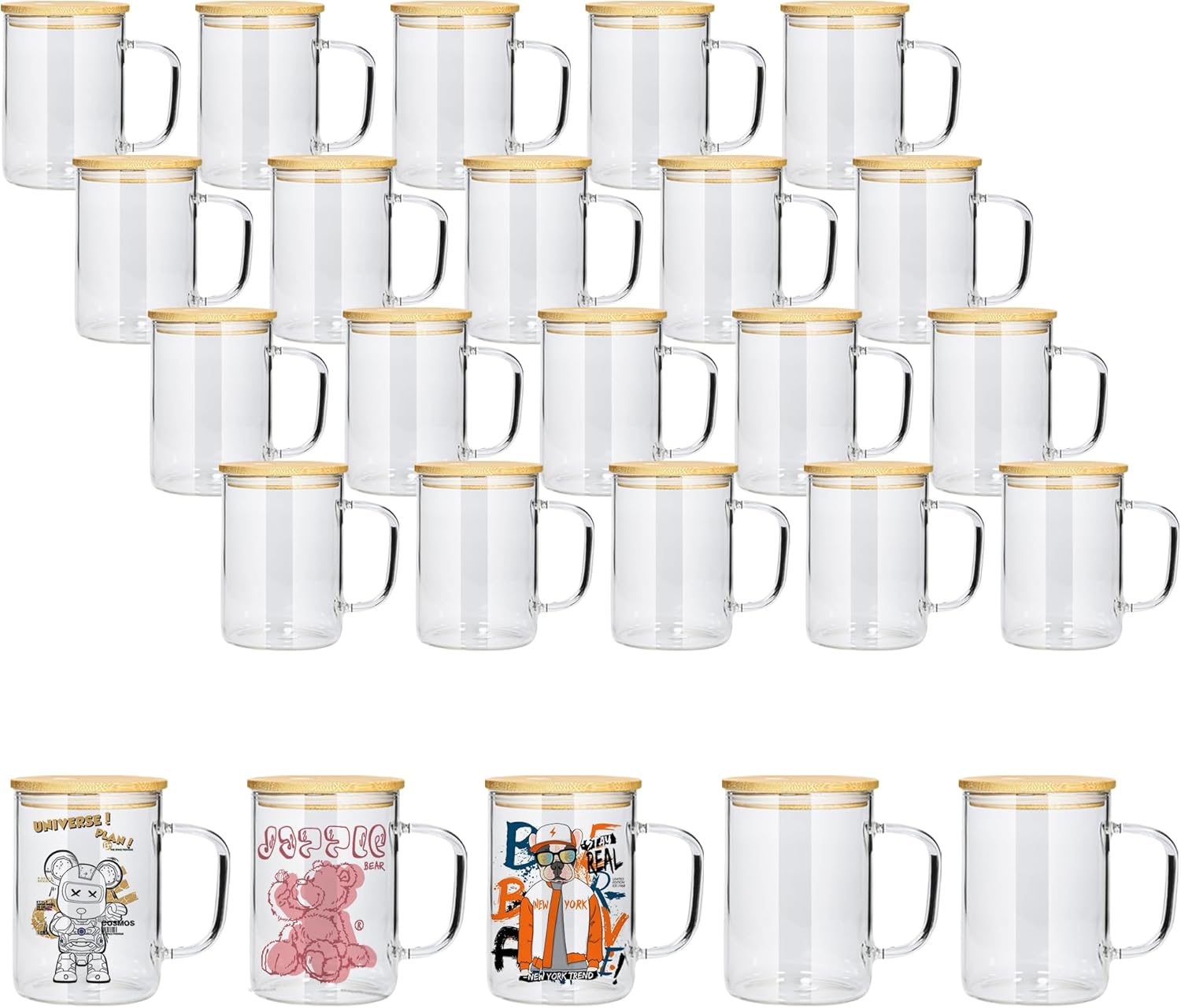 AGH 25 Pack Sublimation Glass Mug, 17 OZ Sublimation Tumblers Clear Glass Beer Drinking Cups with Bamboo Lid & Straw, Coffee Cup, Water Bottle for Juice, Soda, DIY Gift