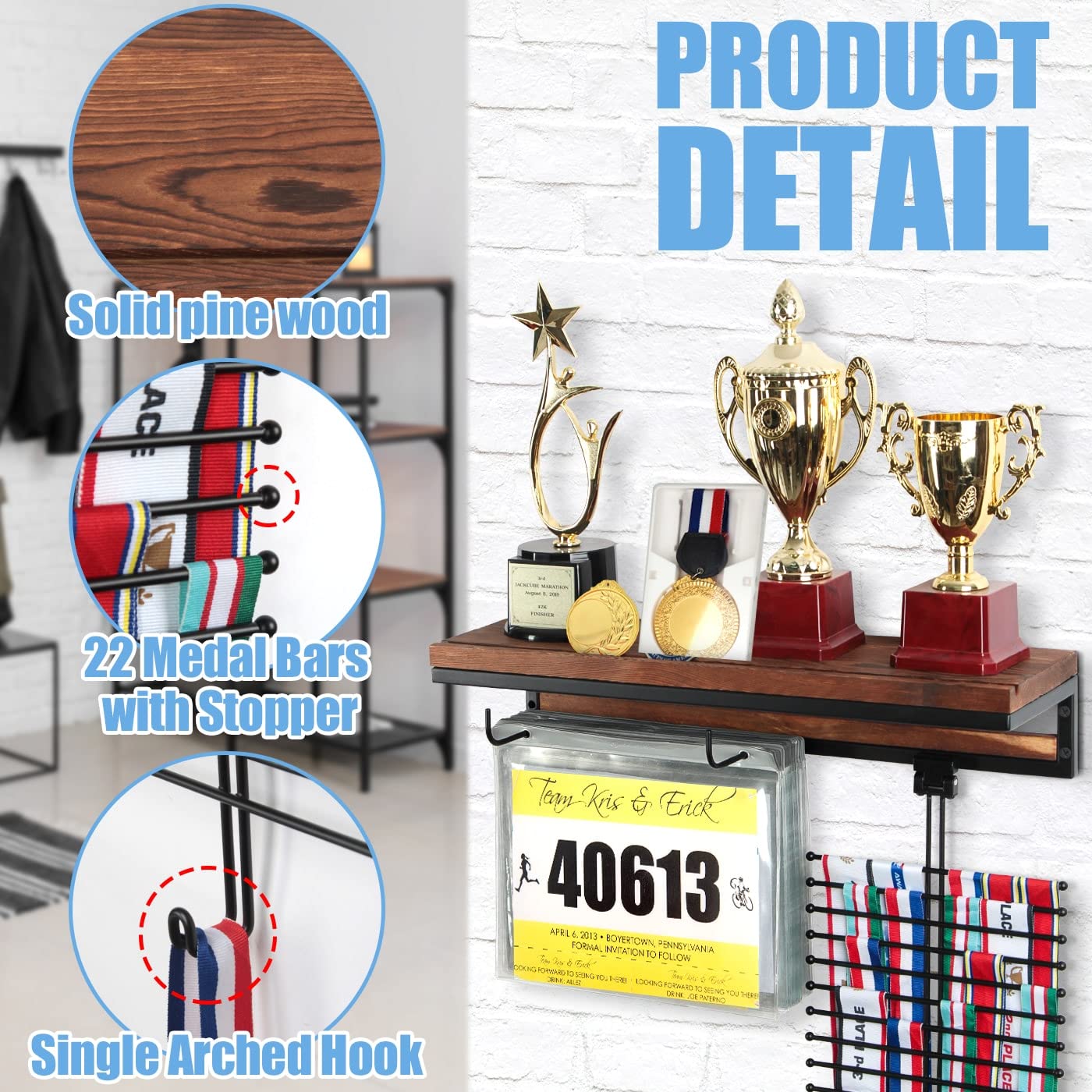 Colgador de pared para medallas de maratón con soporte de baberos, estante de trofeos y ganchos, 50 bolsas abatibles - MK817A