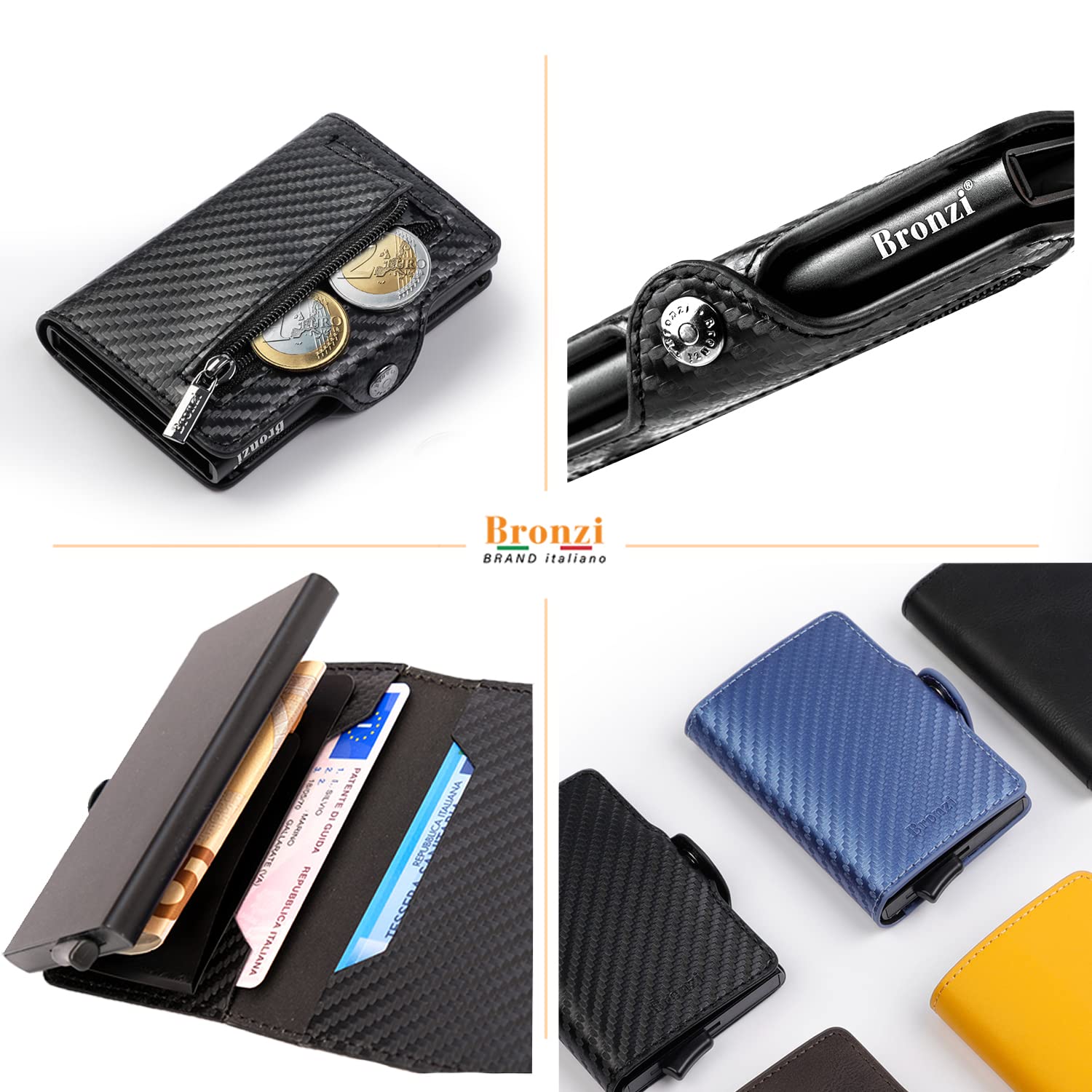 Bronzi® Portafoglio Uomo Slim Piccolo | Portacarte Uomo Donna Portatessere Porta Carte Di Credito | Portafogli Mini Protezione RFID con Portamonete | Box Regalo - Brand Italiano