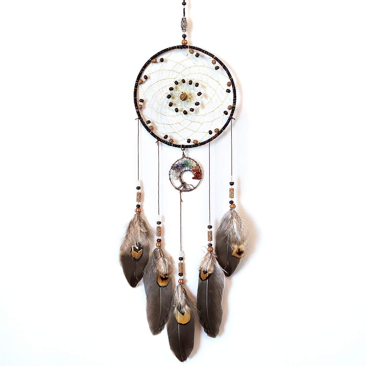 TEESHLY Dream Catchers with Tree of Life and Feather Indian Handmade Dreamcatchers for Boho Wall Hanging Decoration, Ornament Festival Gift (Brown)