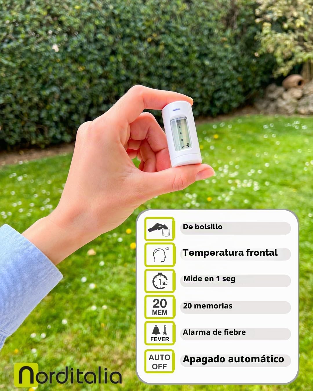 NORDITALIA, KFT-27 - Termómetro infrarrojo de bolsillo para fiebre, tamaño ultracompacto, tamaño en 1 segundo sin contacto de 0-3 cm, batería incluida, 20 memorias