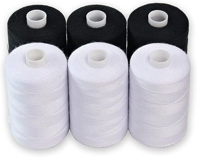 Sewing Thread - 6 Large Spools of Polyester Threads for Hand Stitching, Quilting & Sewing Machine - Black & White 3 Each Colour - 1000 Yards Per Spool