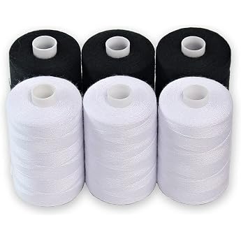 sewing thread - 6 large spools of polyester threads for hand stitching quilting & sewing machine - black & white 3 each color - 1000 yards per spool