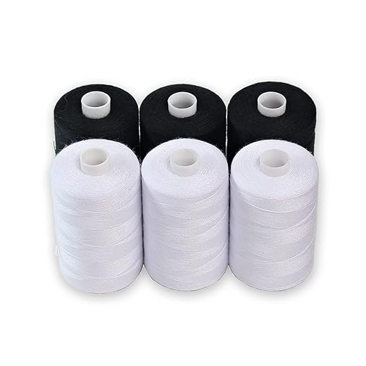 Sewing Thread - 6 Large Spools of Polyester Threads for Hand Stitching, Quilting & Sewing Machine - Black & White 3 Each Color - 1000 Yards Per Spool