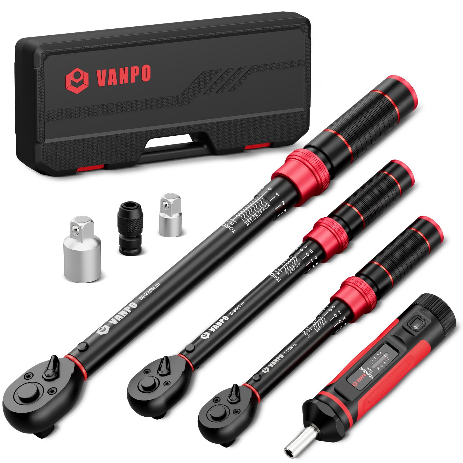 VANPO Torque Wrench 1/4 & 3/8 & 1/2, 7 Pieces Torque Wrench Set 1-25Nm 5-60Nm 20-220Nm with Torque Screwdriver 1-8Nm, ±3% High Precision, for Bicycle, Motorcycle, Car