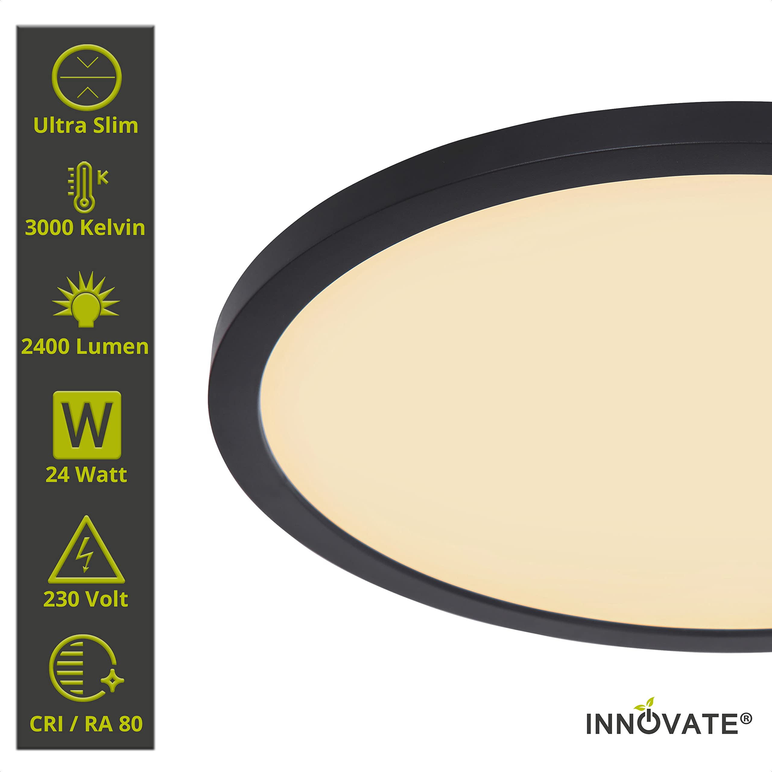 INNOVATE LED Deckenleuchte Dimmbar mit Hintergrundbeleuchtung | IP44 3-Dimmstufen Deckenlampe Flach | Panel für Badezimmer, Wohnzimmer, Schlafzimmer, Balkon, Küche | LED Lampe Schwarz, 24W Ø42cm
