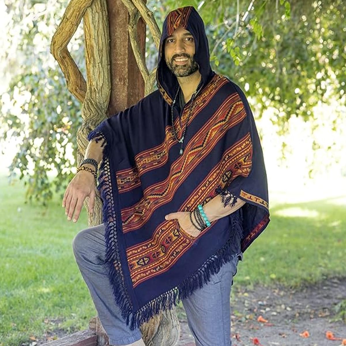 Om Shanti Crafts Hooded Poncho with Pockets and Fringes, Vegan Wool Wrap, Handmade in India. Unisex