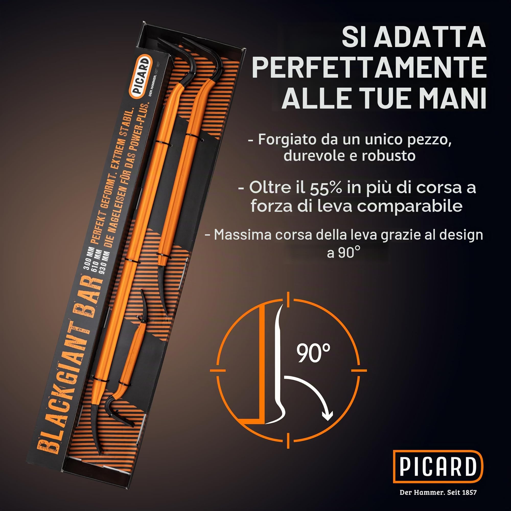 PICARD Leva chiodi BlackGiant®, No. 46Z, set | Lunghezze: 300, 610 e 930 mm | Palanchino leva di forza con rivestimento antiscivolo | Piede di porco per bancali | Leverino professionale