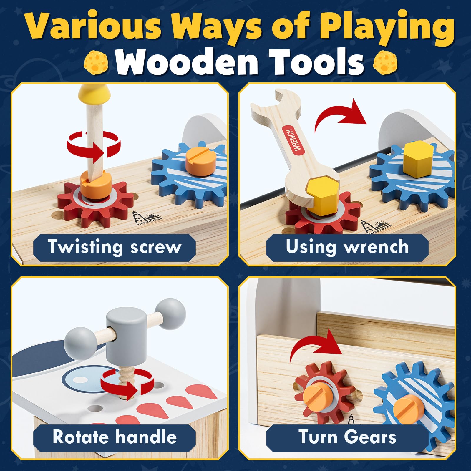 Wooden Montessori Kids Tool Set, Pretend Play Tool Box Toys for 4 Year Old Boy - Image 4