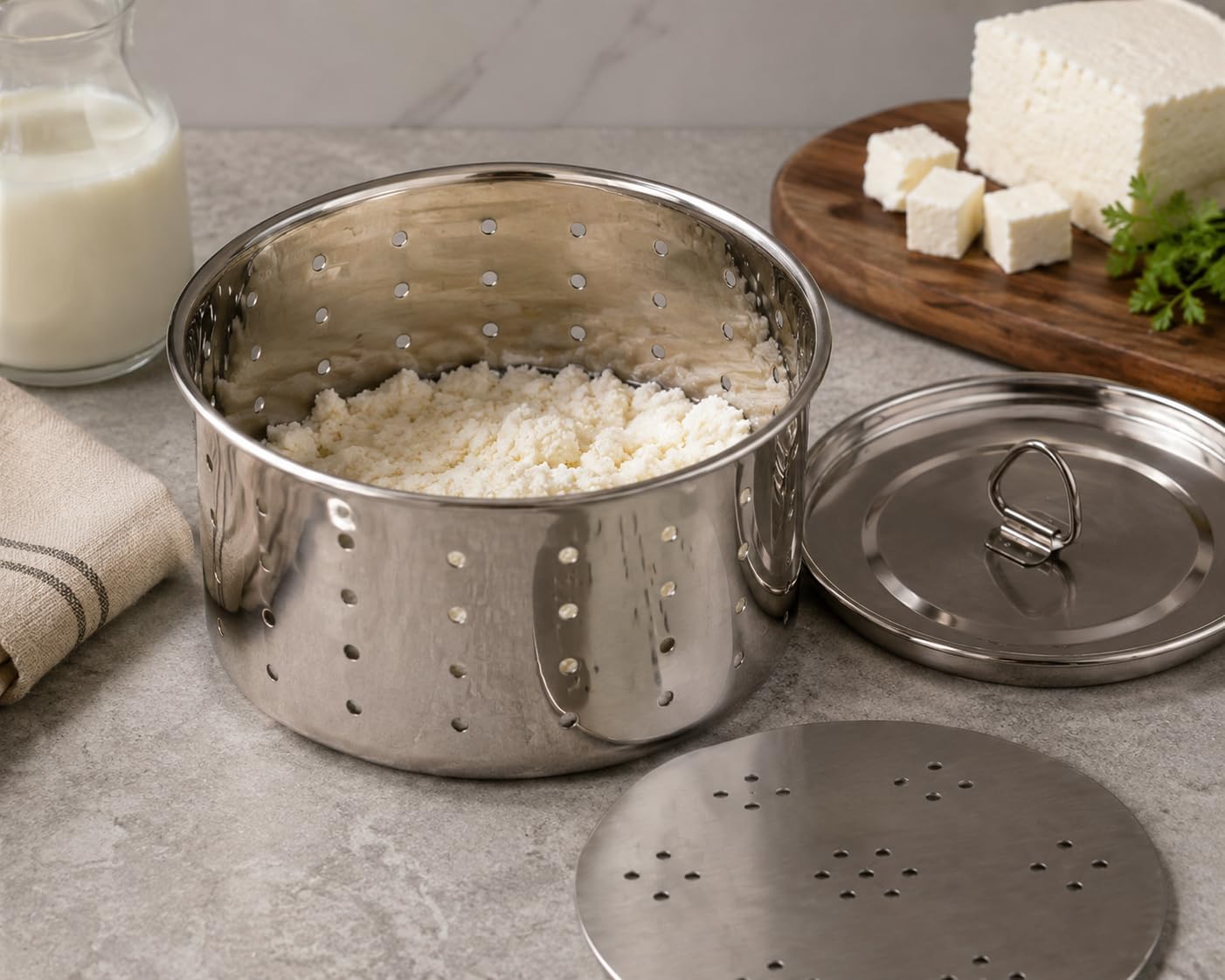 Durable Stainless Steel Round Paneer Maker Press 350 ml with Strainer & Lid | Homemade Fresh Paneer, Tofu, Cheese & Greek Yogurt Maker Presser | Easy Indian Cottage Cheese Mould Machine 5.5 x 3 Inch