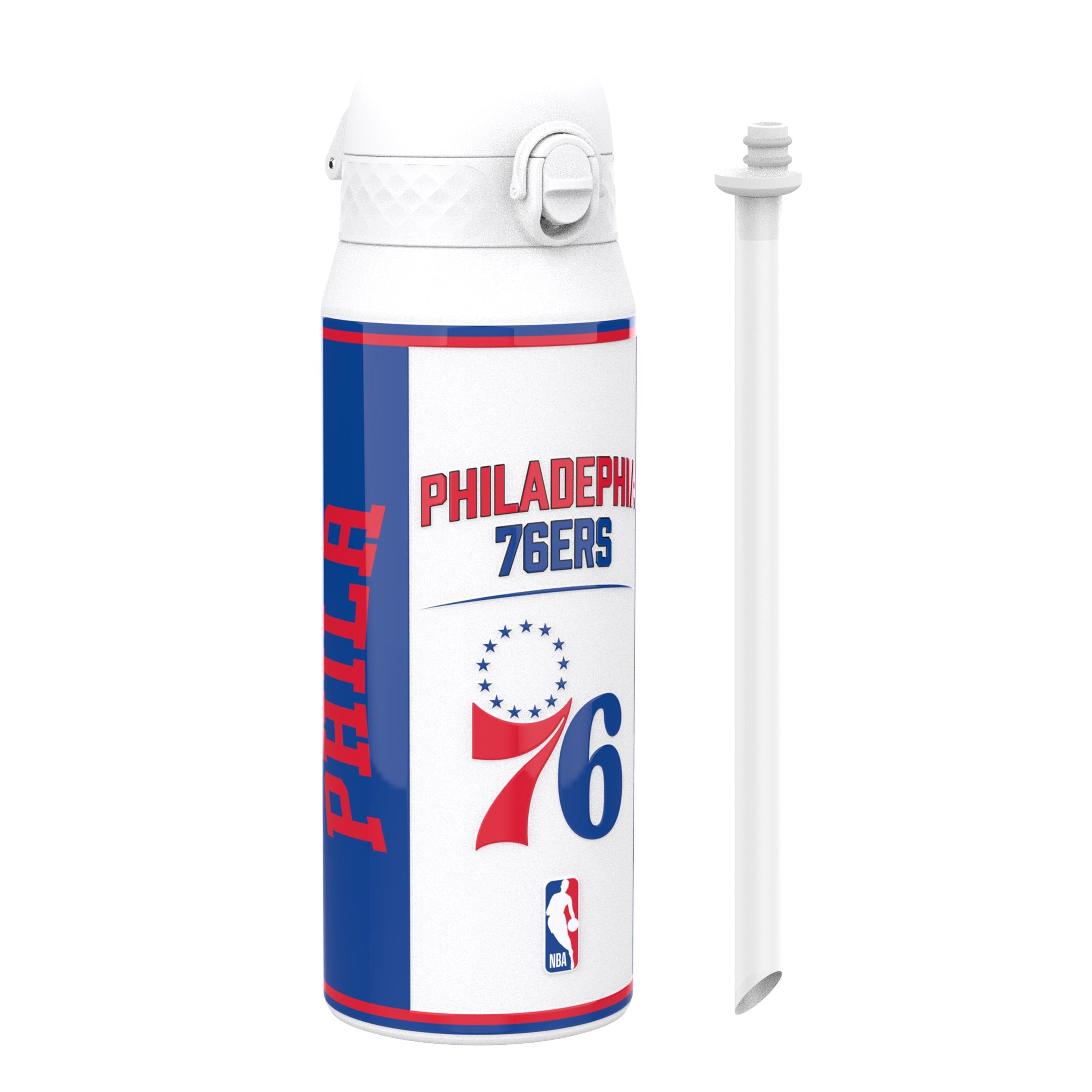 Ion8 NBA Philadelphia 76ers Sports Thermal Water Bottle with Removable Straw, 750ml/24oz, Leak-proof Insulated Drinking Bottle, Easy to Open, Secure Lock, Dishwasher Safe, Flip Cover, Metal Bottle