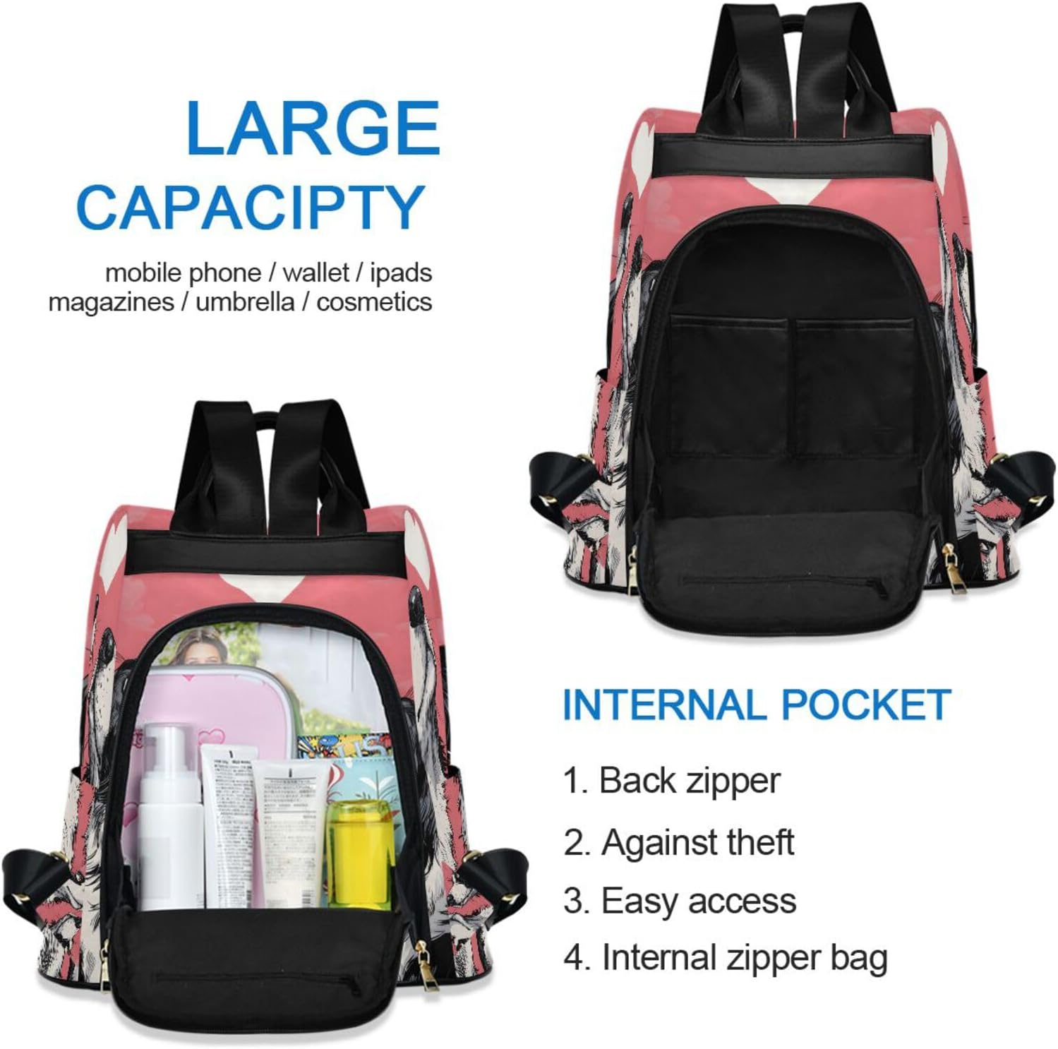 ALAZA Border Collie Dogs in Love Pink Background Backpack Purse for Women Anti Theft Fashion Back Pack Shoulder Bag