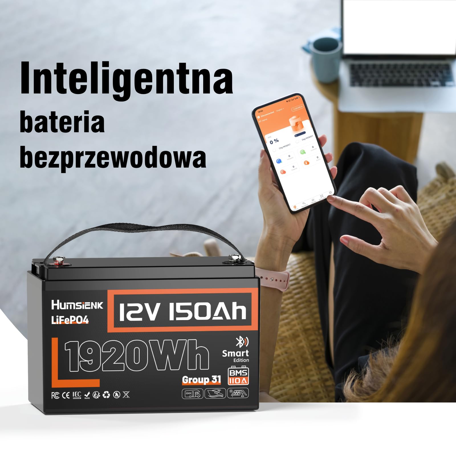 Humsienk Bateria litowa Bluetooth 12 V 150AH, LiFePO4 akumulator, inteligentny BMS 110A, z ochroną w niskiej temperaturze, 1920 Wh do przyczep kamperów, samochodów kempingowych, łodzi