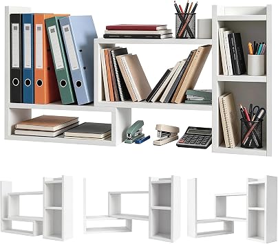 Wooden Desktop Bookshelf, Expandable Desk Shelf with Storage Unit