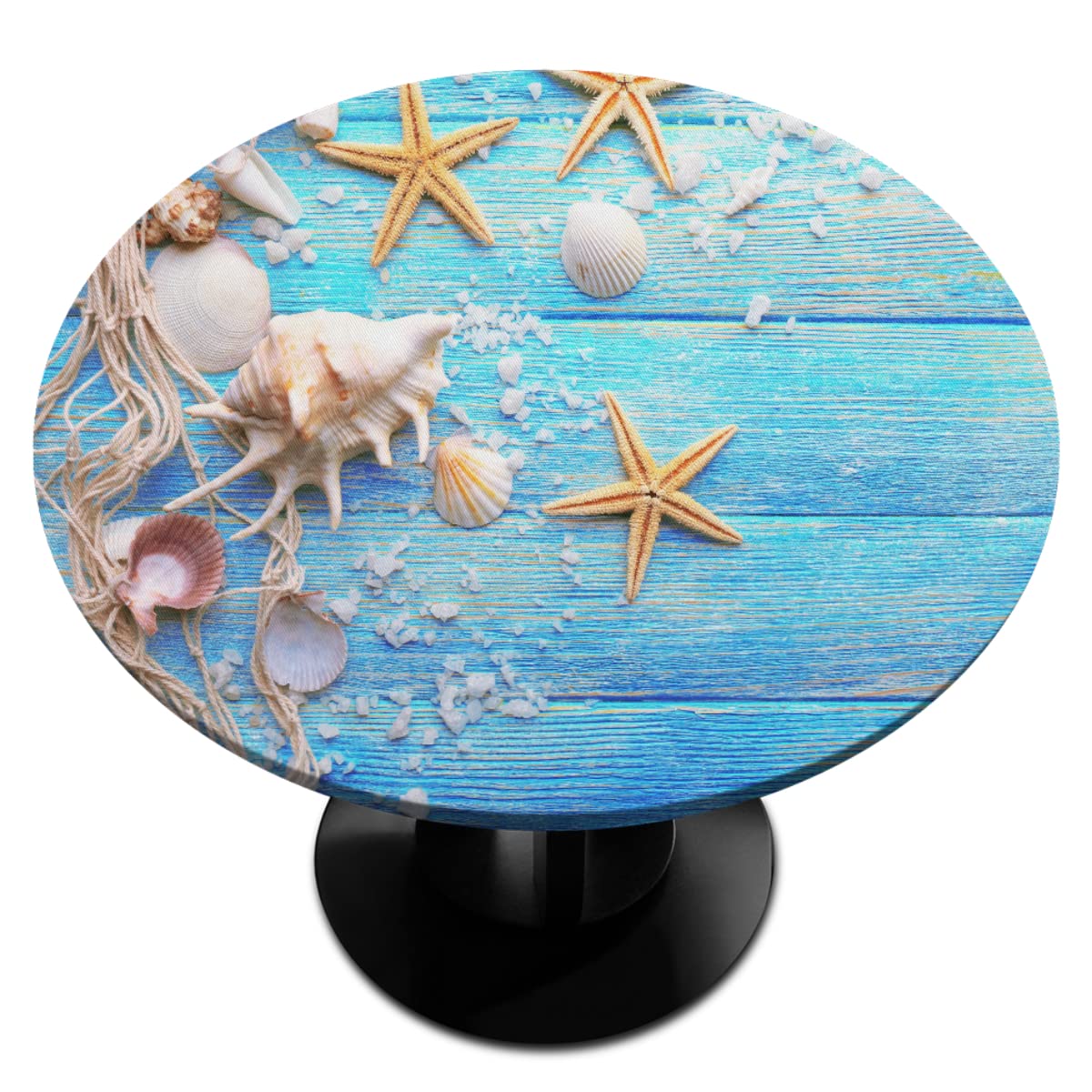 Teal Beach Round Fitted Tablecloth with Elastic Coastal Starfish Fitted Cirrcle Table Cover Waterproof Wipeable Outdoor Table Cloth for Kitchen