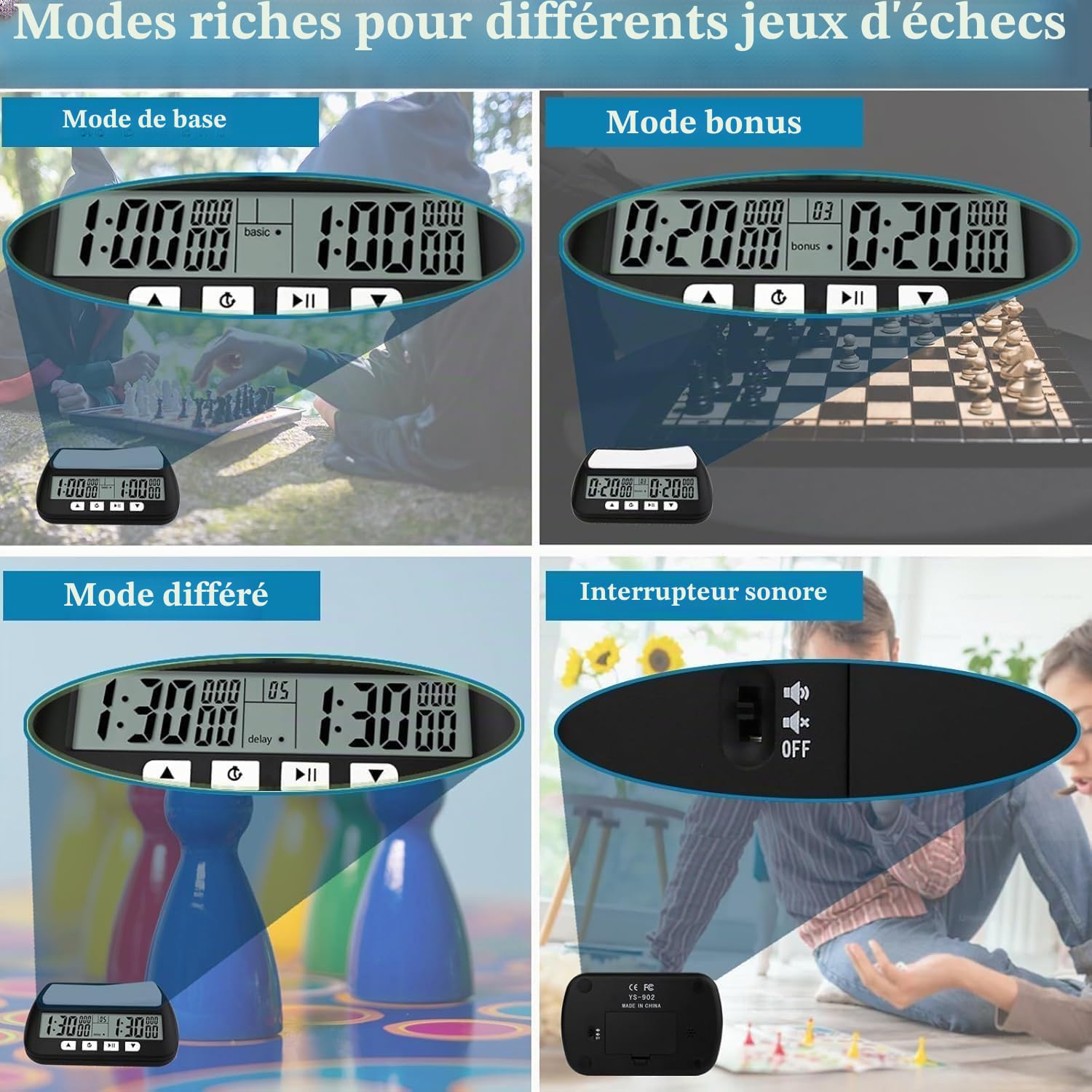Zerodis Horloge d'échecs professionnelle avec alarme multifonction portable, pour jeux de société, noir