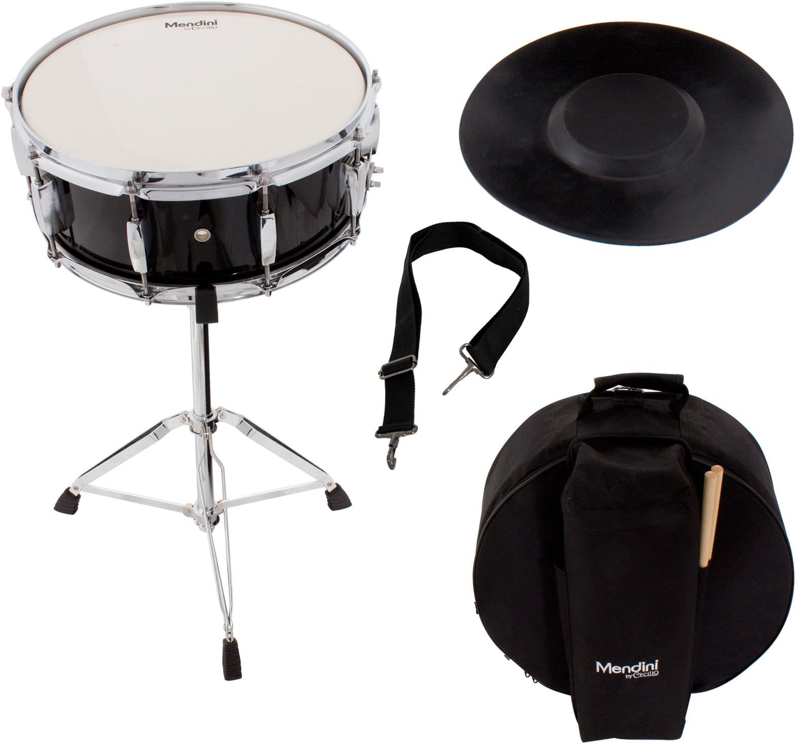 Mendini 14 x 5.5 inches Snare Drum Set, Marching School Band Student Beginner Practice Snare Drum With Gig Bag, Sticks, Stand and Practice Pad Kit (Black)