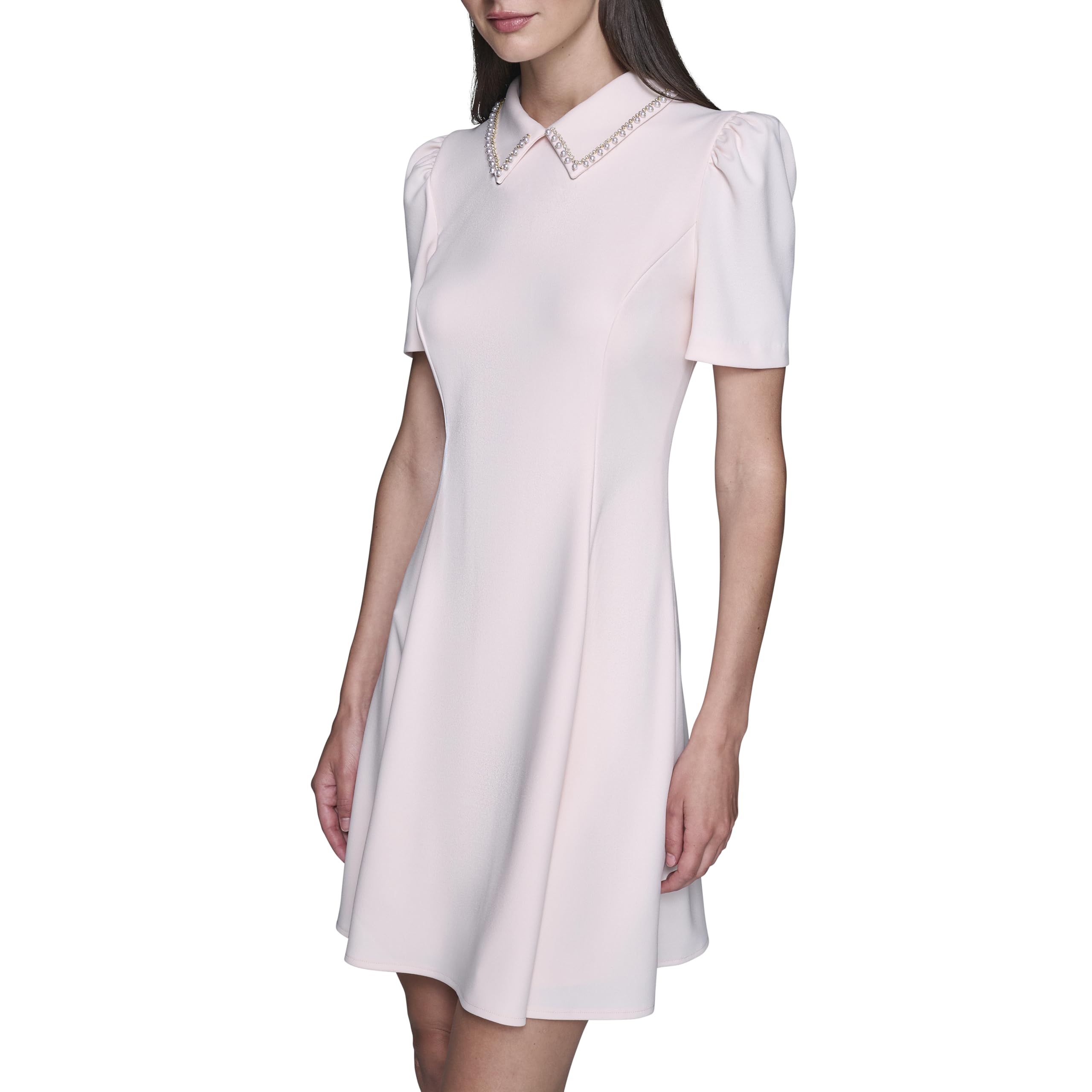 Karl Lagerfeld Womens Short Puff Sleeve Embellished Collar Scuba Crepe A-line Mini Dress