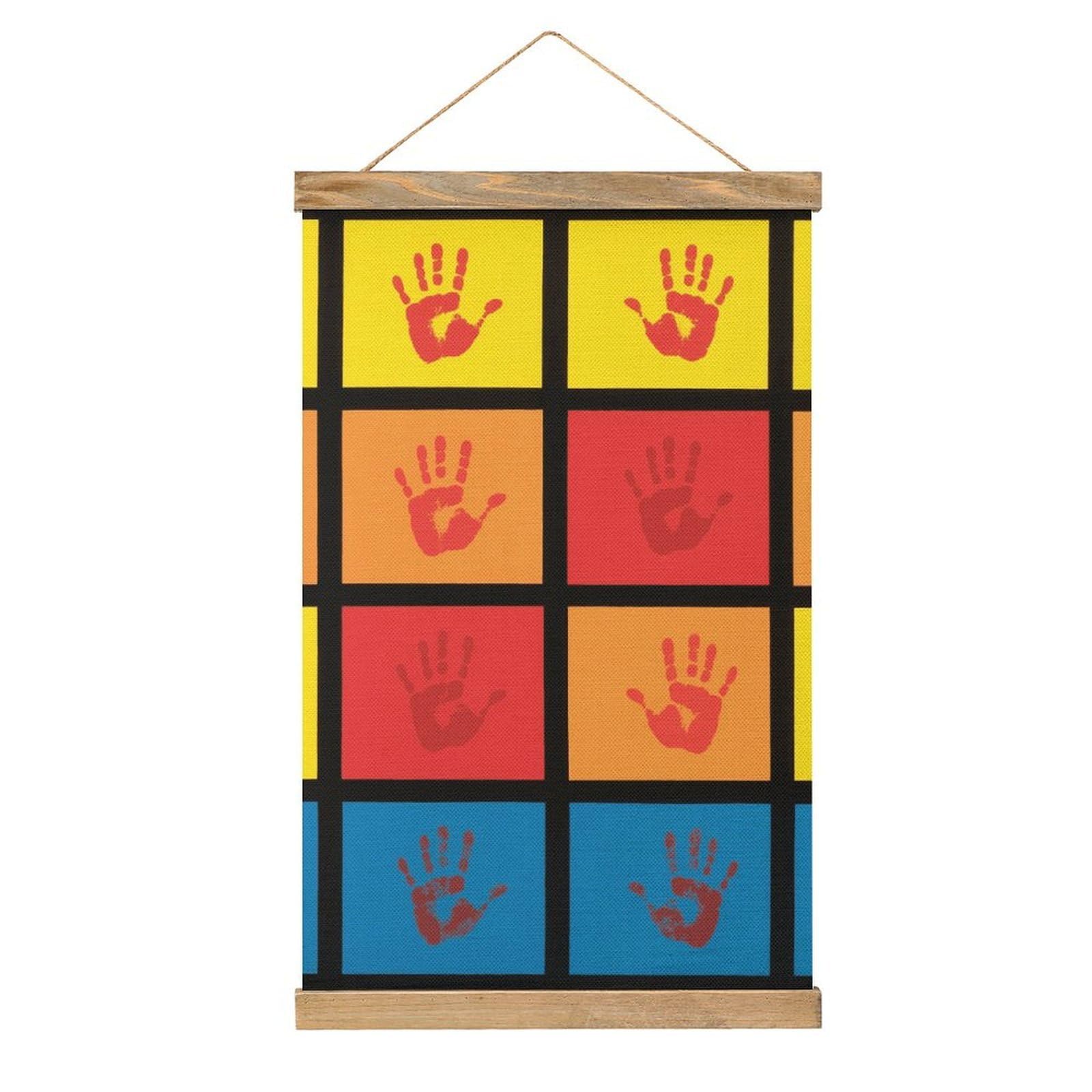 Fodpand Style Handprints Wall Art 20.4"X13.1" - Linen Canvas Hanging Banner Poster With Wooden Frame, Pictures Artwork Wall Art Decor For Living Room Bedroom Office, Ready To Hang