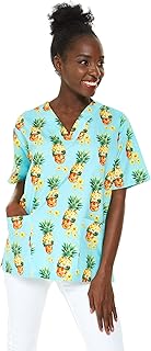 Hawaiian Print Cotton 2 Pockets Scrub Top in Pineapple Skull Turquoise M