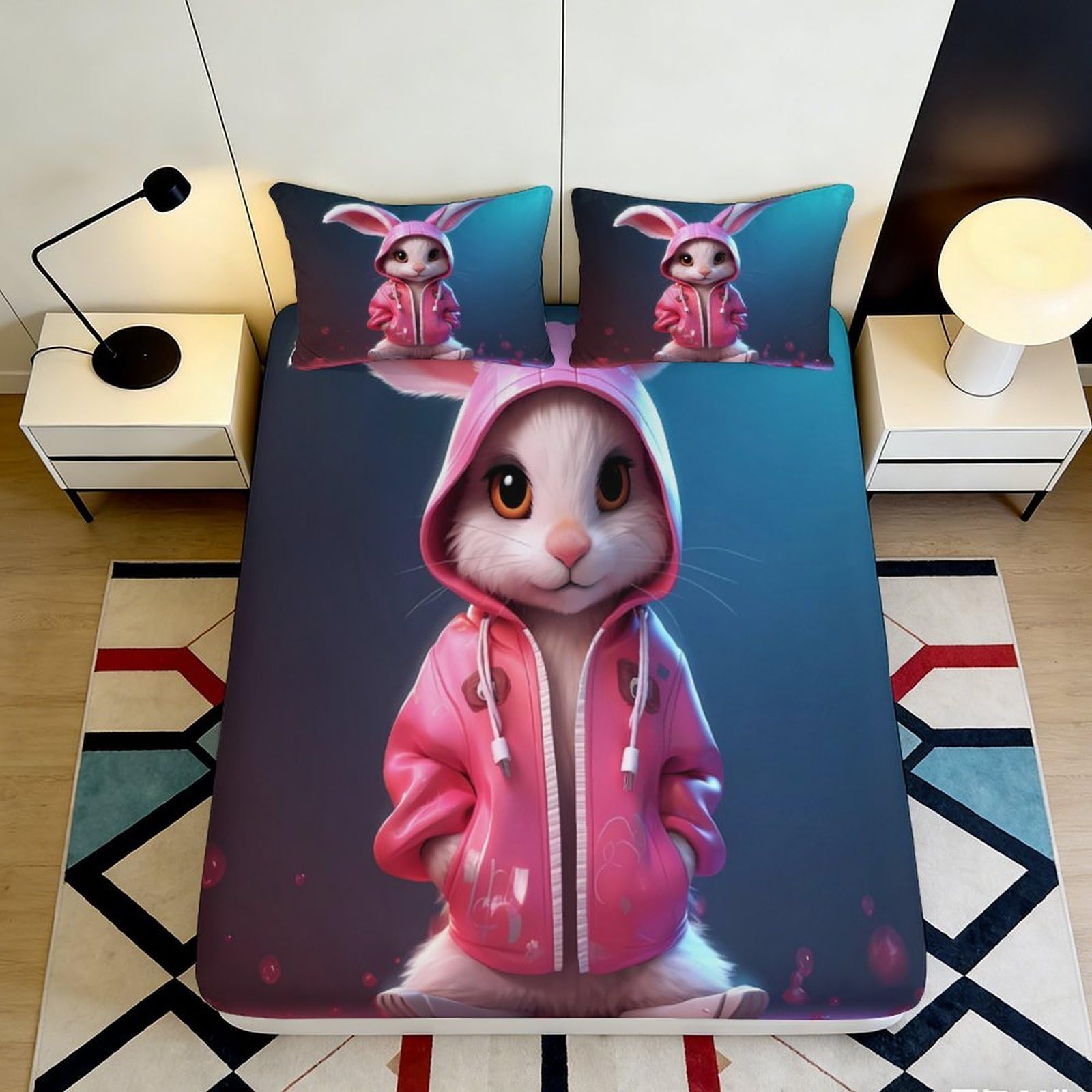 3D Printed Cute Bunny Fitted Sheet Microfiber Pink Hoodie Rabbit Mattress Cover Bedroom Decor Anti-Slip Machine Washable for Home Dorm 90x200x25cm