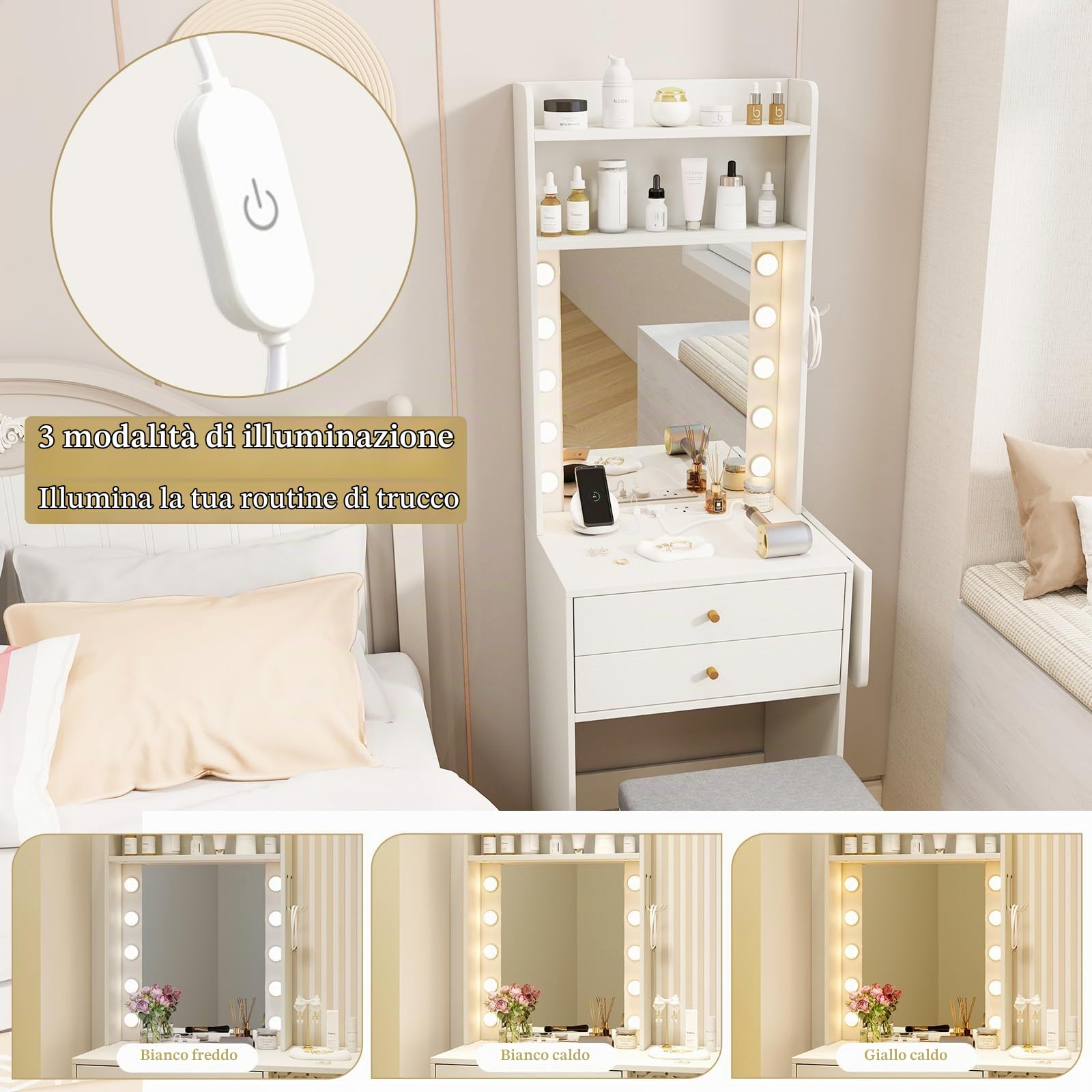 HOMASIS Toeletta Trucco con Sgabello, Mobile Trucco con Specchio e Luce Regolabile a Tre Colori, Postazione Make Up con Tavoletta Pieghevole, Prese Elettriche, 1 USB-A e 1 USB-C, Bianco