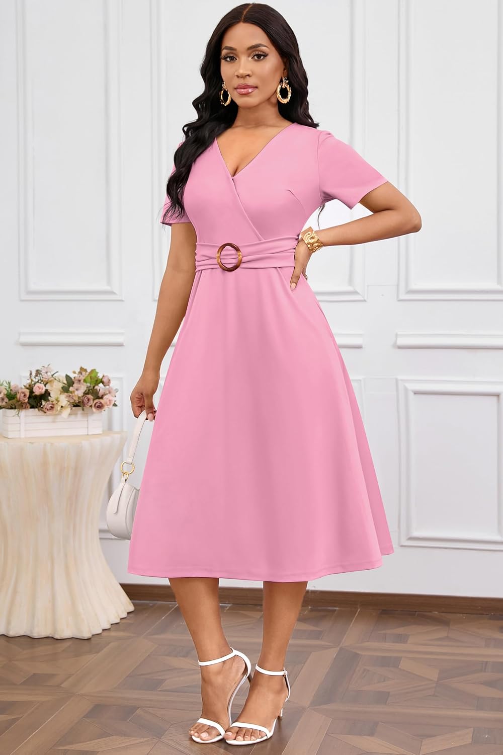 Nmoder Elegant Wrap Dresses for Women, Casual A-Line V Neck Short Sleeve Midi Dresses with Pockets & Belt Buckle - Image 5