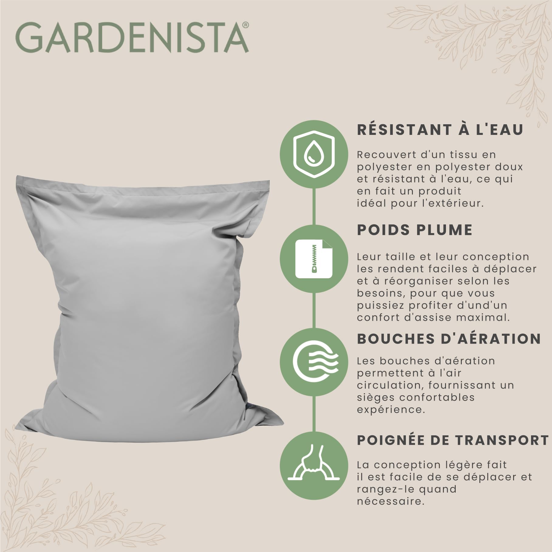 Gardenista Garden XXL Pouf | Pouf Enfant & Adulte pour Intérieur et Extérieur | Siège Confortable pour Adulte Protégé Contre Les UV | Résistant aux intempéries et à l'eau - Matériau Durable (Gris)