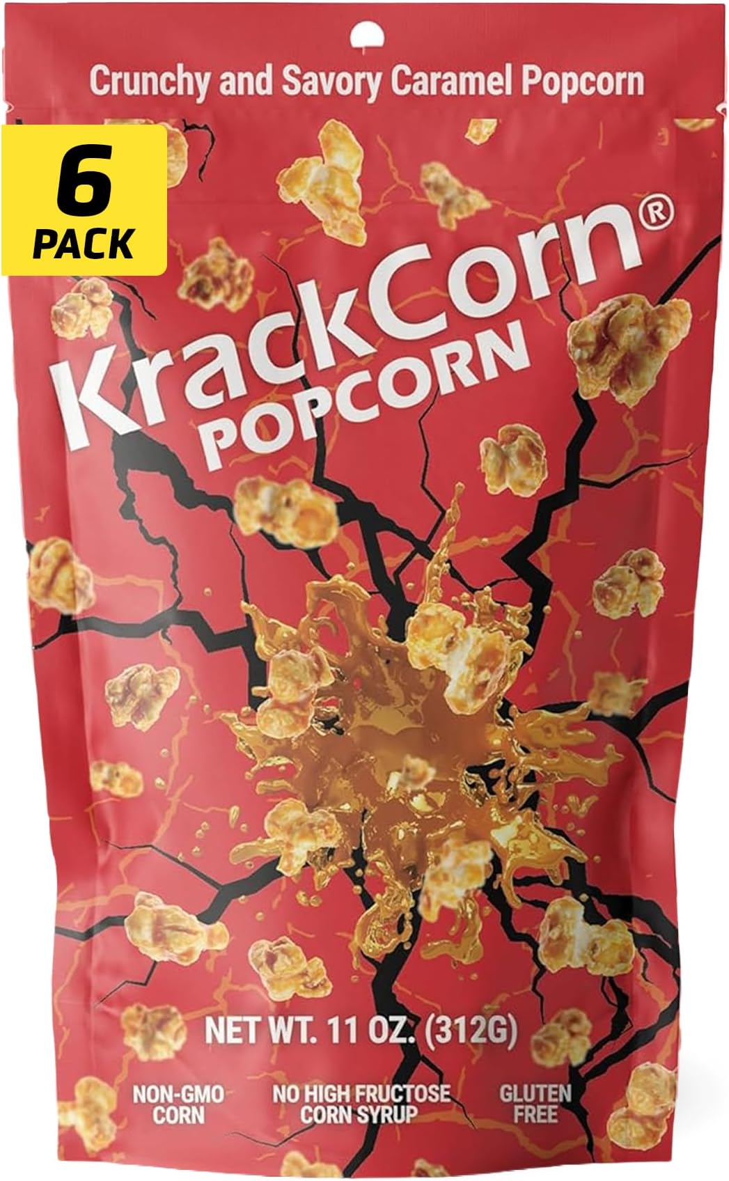 KrackCorn Caramel Popcorn, Sweet and Salty, Gluten-Free, Non-GMO, No High Fructose, Guilt Free, Non Greasy Snack Perfect for Movie Nights, Pack of 6