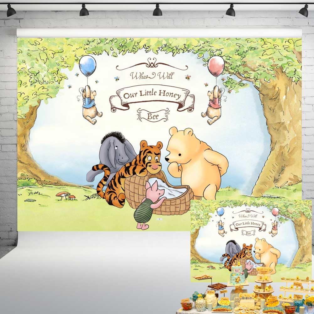 Pooh Bear Gender Reveal Backdrop Decorations Vintage Baby Shower Background Spring Hundred Acre Wood Banner for Cake Table 7x5 ft 284