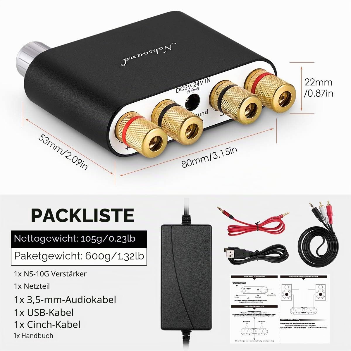 Nobsound NS-10G Mini Bluetooth 5.0 Digitaler Stereo Verstärker 100W HiFi Power Amp mit Netzteil (Schwarzes)