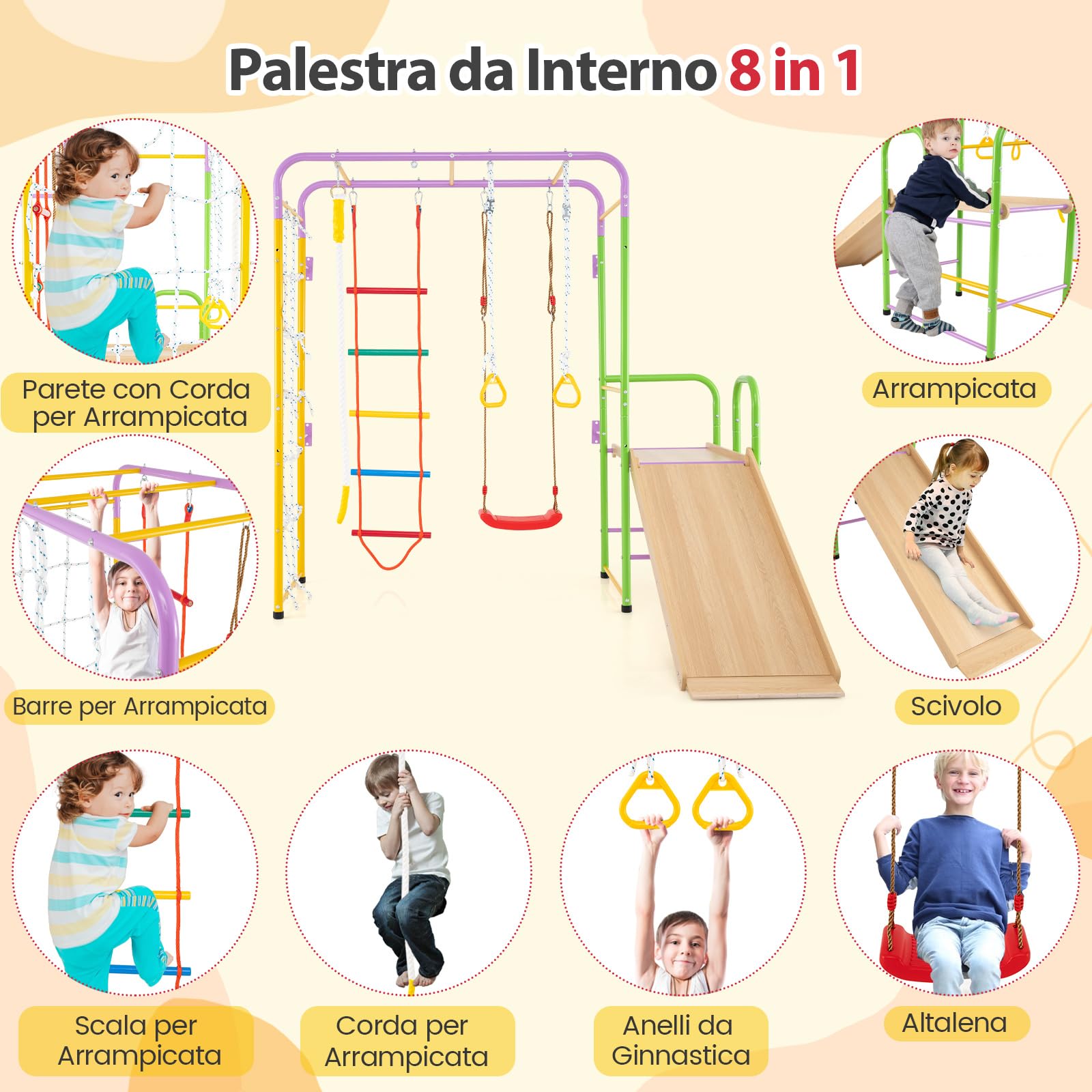 COSTWAY 8 in 1 Set da Arrampicata per Bambini, Set Giocattoli Scivolo con Barre Scala Corda Anelli Ginnici e Altalena, Parco Giochi per Bambini 3 Anni +, Carico 100 kg