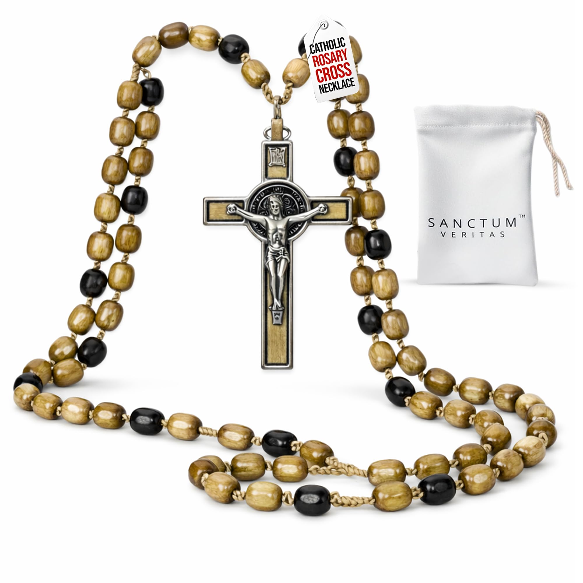 SANCTUM VERITAS Catholic Rosary Necklace | Large Bead Italian Rosary, Christian Prayer Beads for Car Mirror Decor, First Communion Religious Gift for Men and Women, Catholic Keepsake (Olive Wood)