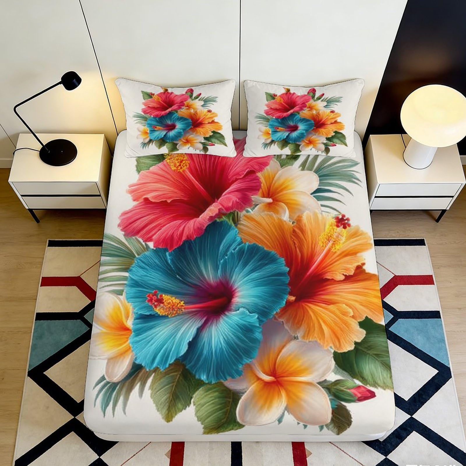 Pnayamiorkfel Style-8 3D Printed Tropical Hibiscus Fitted Sheet Microfiber Floral Mattress Cover Colourful Flower Bedroom Decor 90X200x25cm