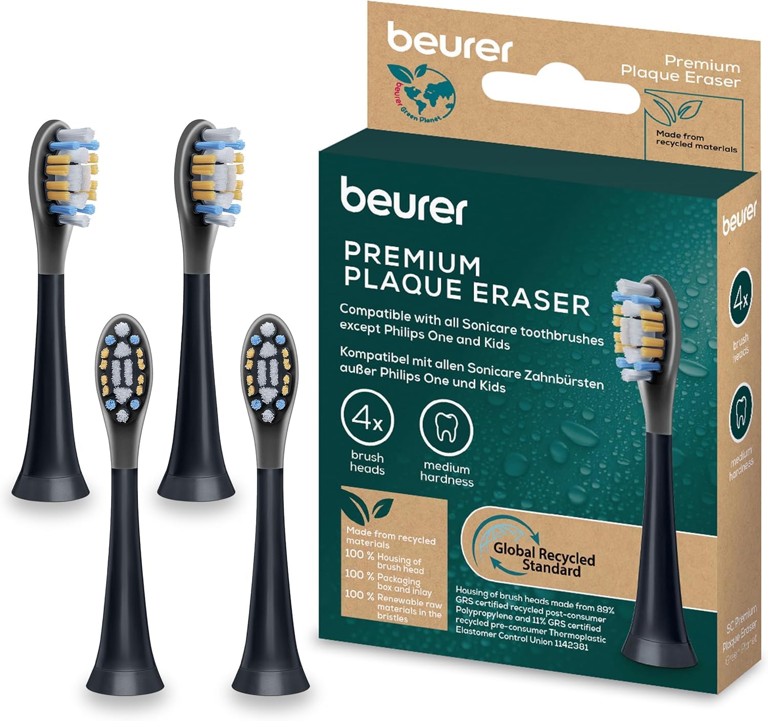 Beurer SC Plaque Eraser główki szczoteczek do elektrycznych szczoteczek sonicznych, 4 wymienne główki kompatybilne z SC 30, 50 i Philips Sonicare, włókna z optymalizowaną wibracją, twardość średnia