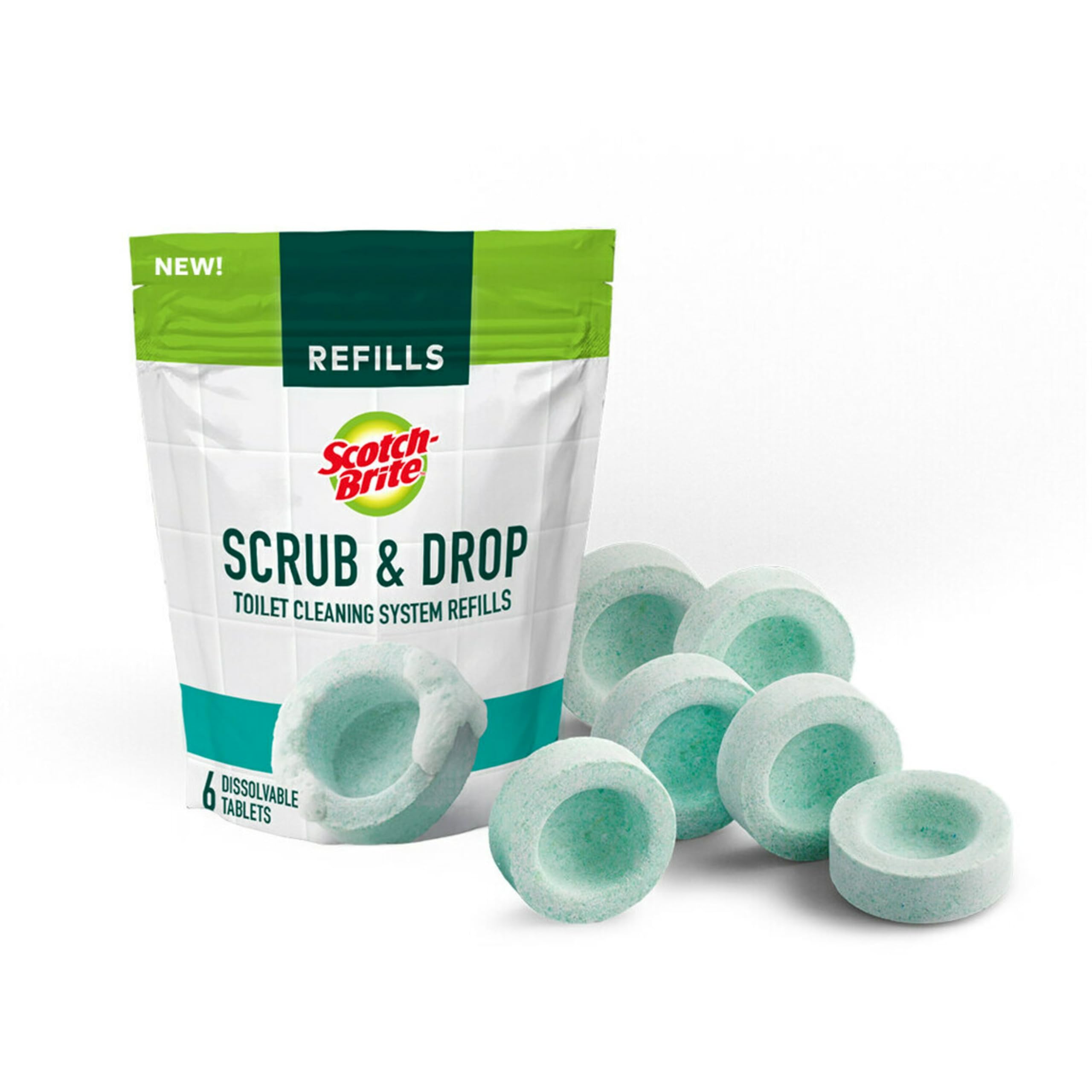 Scotch-Brite Scrub & Drop Toilet Cleaning System Refills, Dissolvable Toilet Bowl Cleaner Scrub Pad Tablets, 6 Disposable Refills