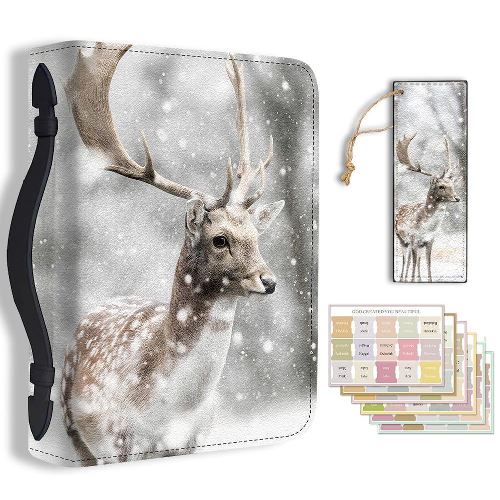 Hobbspring Bible Holder Case for School Office Deer Bible Protective with Handle Bookmark Snow Scene Bibles Cover with Zipper and Label Stickers for Students Adults Grey PU Leather Bag