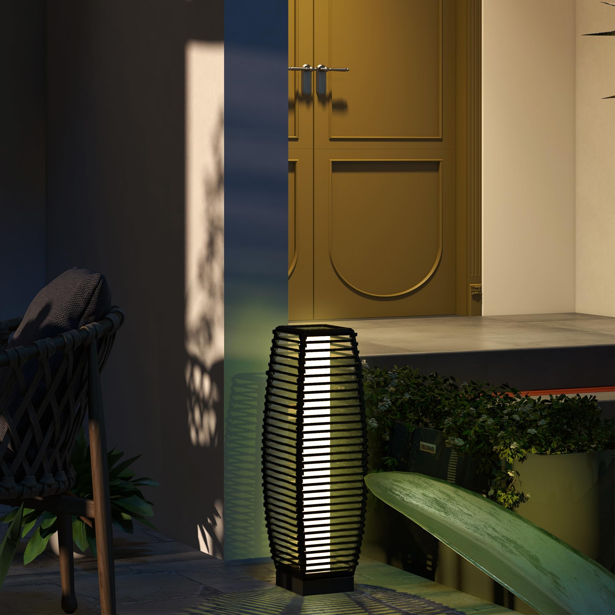 Outsunny Lampada Solare da Giardino Acciaio Rattan 20x20x68 cm Nero | Con Pannello di Ricarica