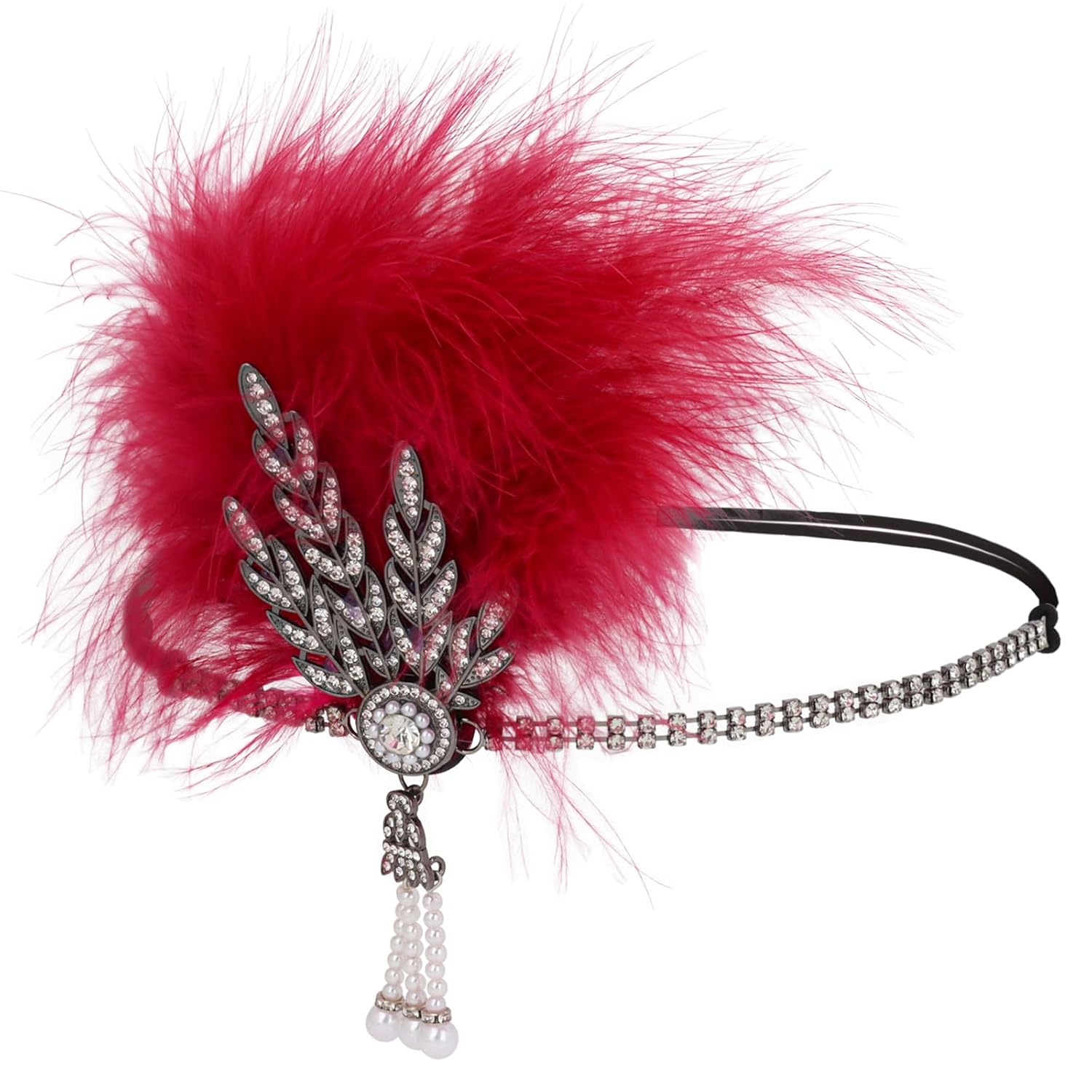 WHAVEL 1920s Flapper Feather Headband Wine Red Roaring 20s Headpiece Great Gatsby Headpiece for Women Inspired Leaf Medallion Crystal Headband Masquerade carnival Wedding Accessories - Image 7
