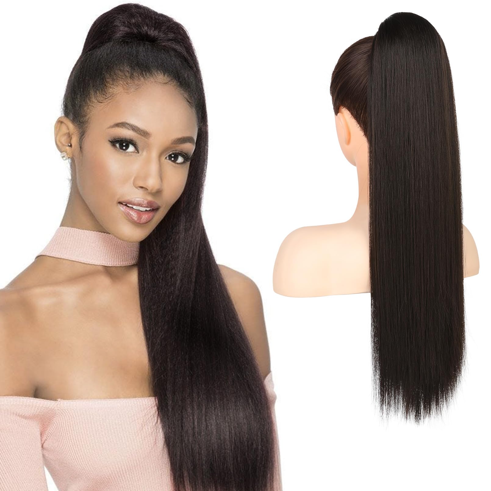 Flufymooz ponytail extension, 22 Inch Long Straight Drawstring Ponytail Synthetic Hairpieces Fake Pony Tails Natural Soft Clip in Hair Extension ponytail for Women (Black Brown)