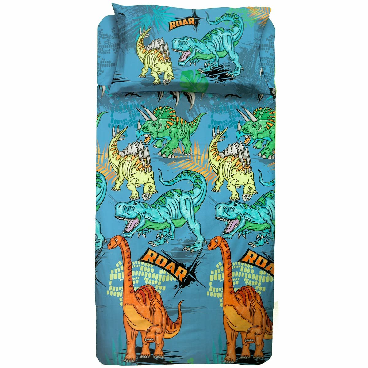hermet Dinosauri, Set Lenzuolo Singolo Cameretta, Una Piazza, Completo Letto, Lenzuolo Sopra, Lenzuolo Sotto Con Angoli, Federa, 100% Cotone, Azzurro