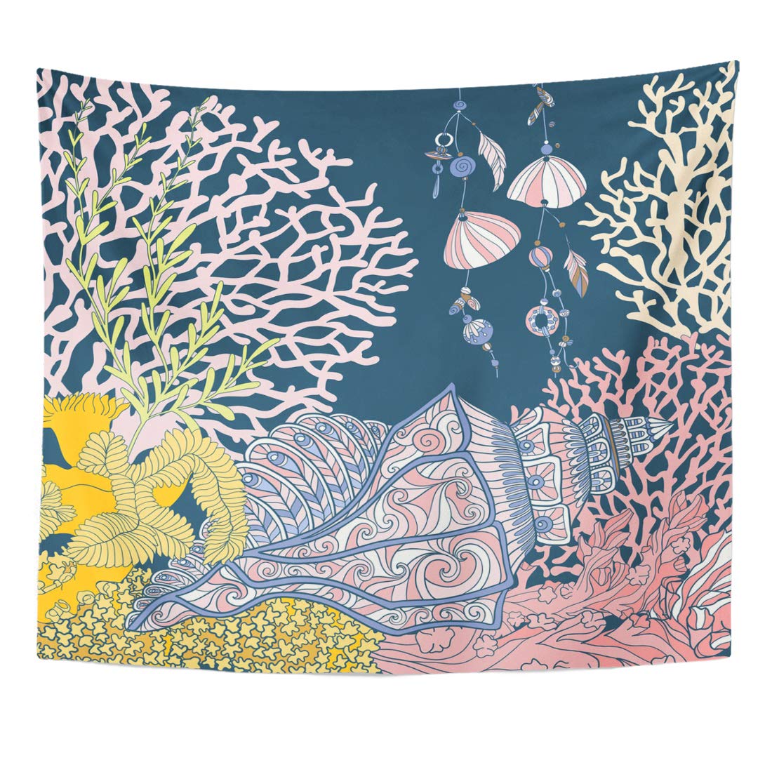 Emvency Tapestry Aquatic Animal Coral Reef Collection Fish and Sea Shells on Bottom Composition Aquarium Beach Home Decor Wall Hanging for Living Room Bedroom Dorm 50x60 Inches