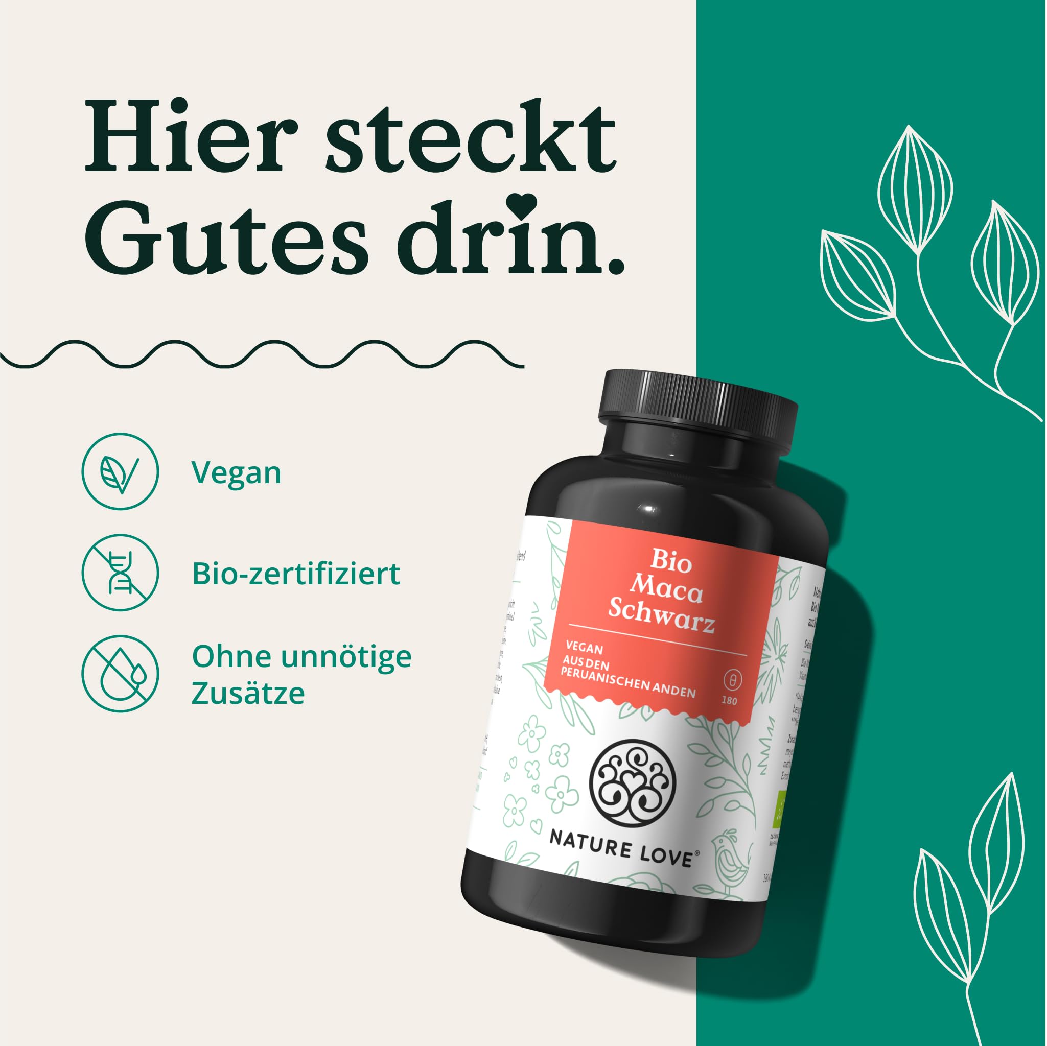 NATURE LOVE® Bio Maca Kapseln (schwarz) - 3000 mg je Tagesdosis - 180 Kapseln - Mit natürlichem Vitamin C - Ohne Magnesiumstearat, Zertifiziert Bio, hochdosiert, vegan, in Deutschland produziert