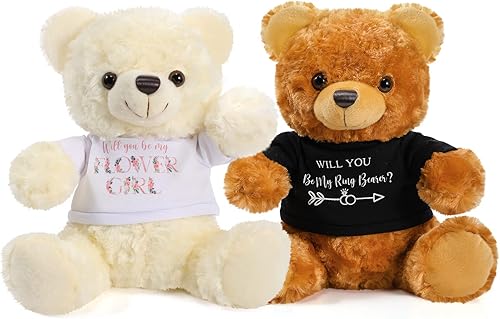 Miniatura 10 de Jexine Anillo de peluche de oso de 10 pulgadas con texto en inglés Will You Be My Flower Girl, regalo de propuesta de novia y novio con ropa para