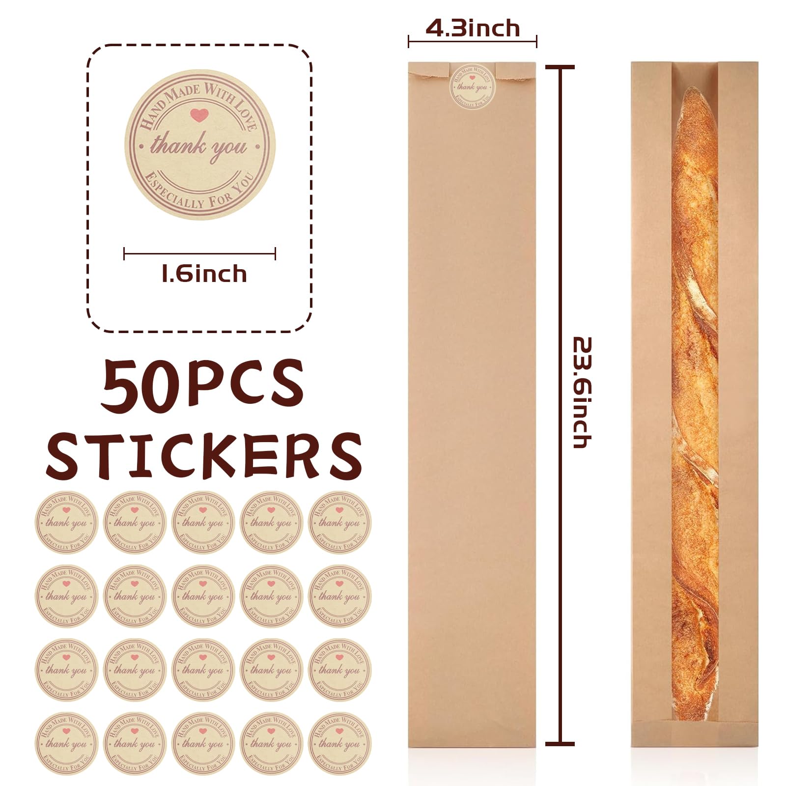 Paquete de 50 bolsas de baguette para pan casero con calcomanías, bolsas de pan de papel kraft reutilizables, bolsas largas de papel de masa madre con ventana frontal transparente